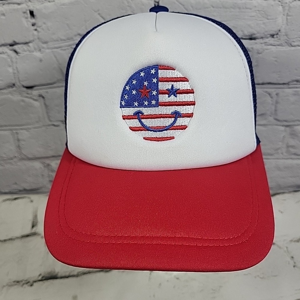 US Flag Smiley Face Trucker Hat Unisex Snapback Foam Mesh Party Cap